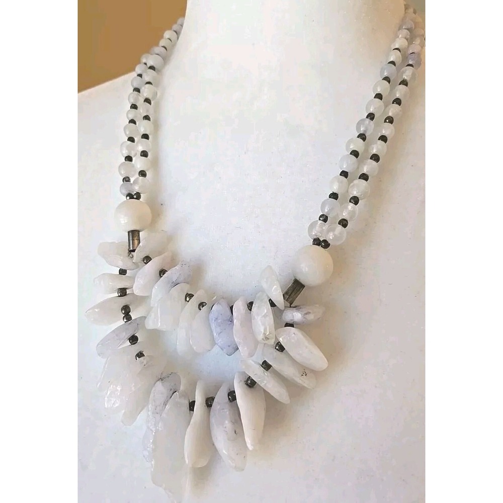 VTG Milky Quartz (Blue Hue) Silver Beaded Chunky Double Strand Necklace VGUC